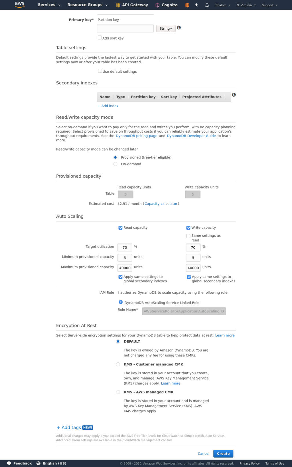 screenshot of Amazon DynamoDB